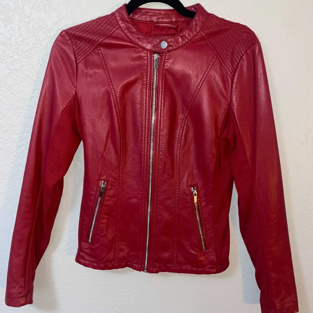 Kenneth Cole Reaction Red Soft Faux Leather Jacket Small Stretch Fabric Inserts